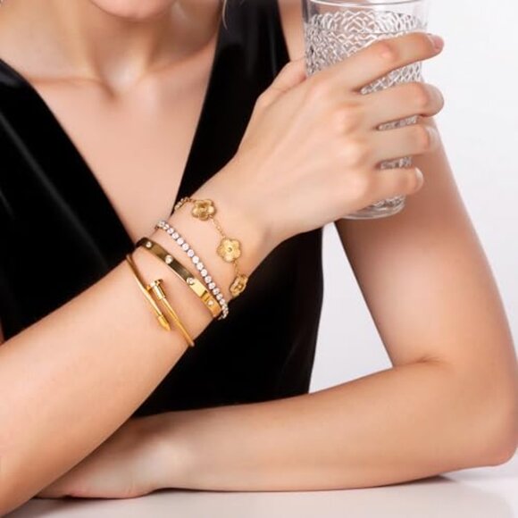 18K Gold Plated Stackable Tennis Bracelet Set Elegant Minimal Chic Adjustable - Picture 3 of 8